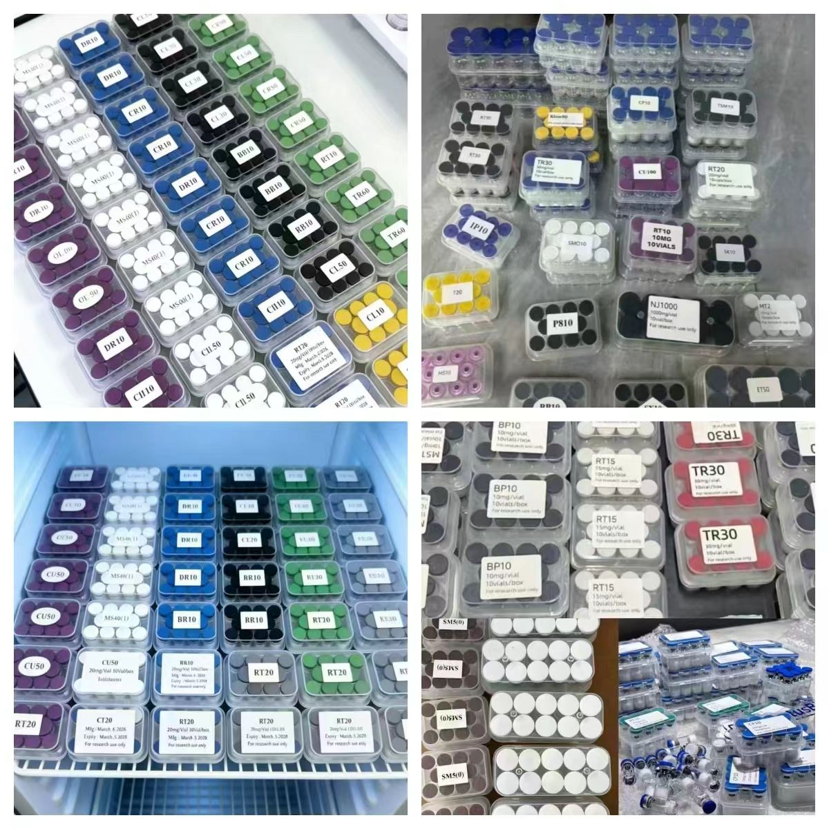 Peptide products arranged in labeled boxes