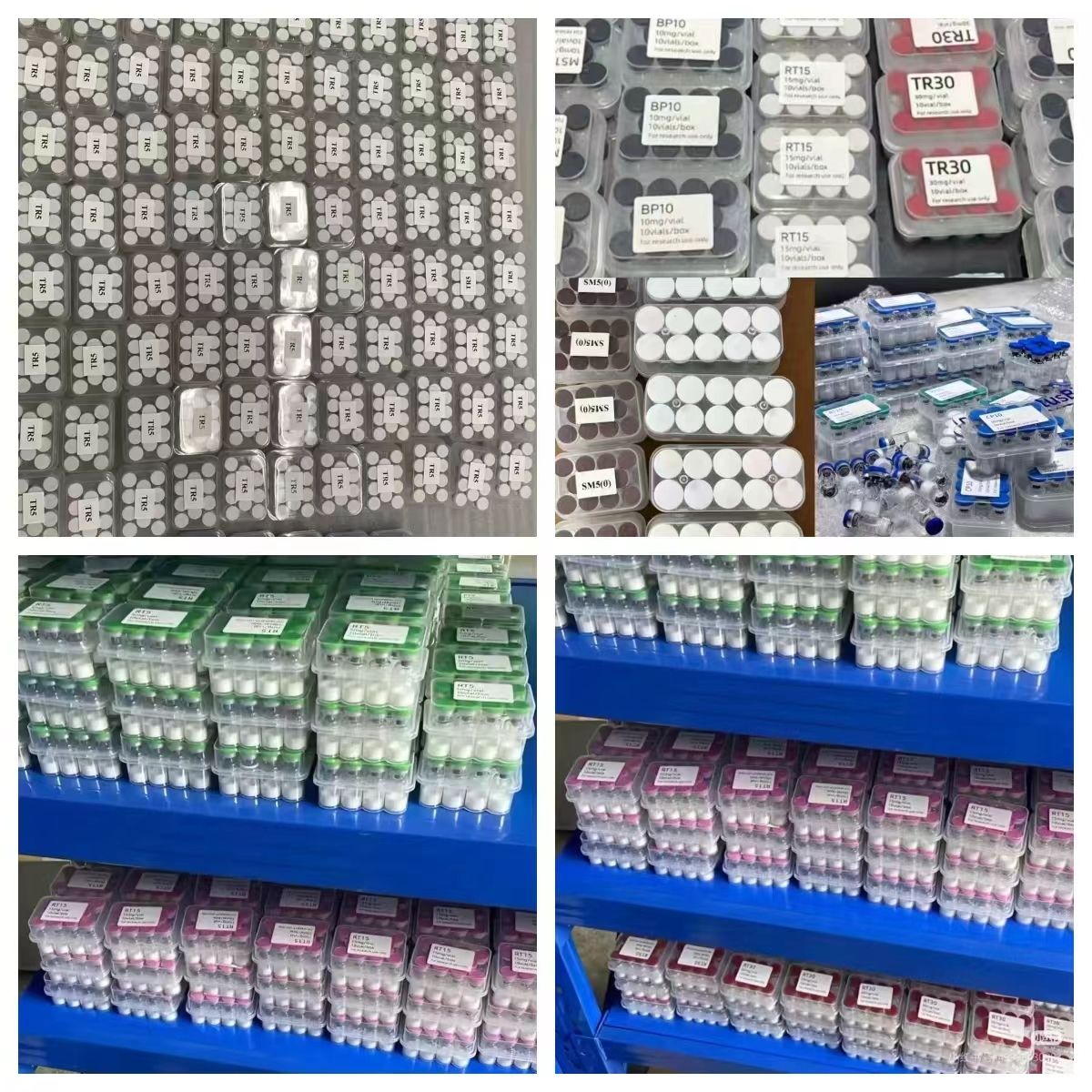 Peptide inventory on blue warehouse shelves